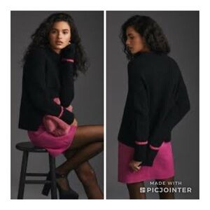 Anthropologie The Maeve Mock Neck Color Tipped Sweater Ribbed Knit Black